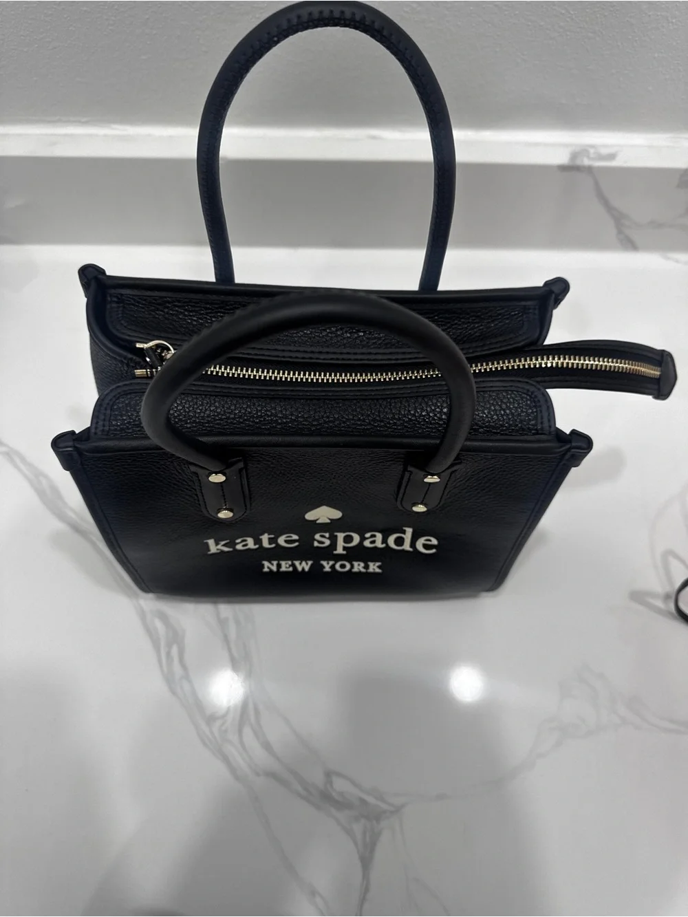 kate spade Black Leather Logo Satchel with Cream Accents